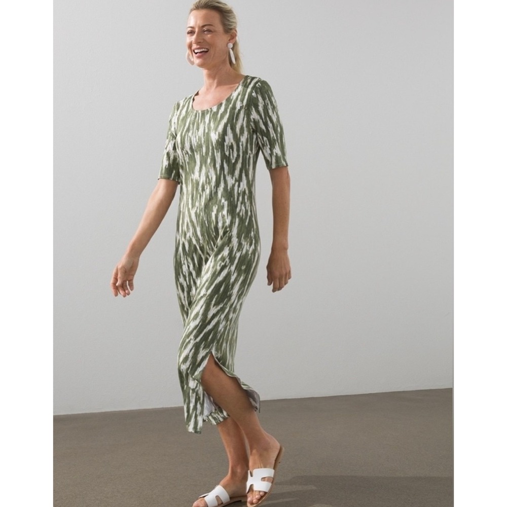 Chicos 1 Green White Abstract Print Maxi‎ Dress Short Sleeve Casual Chic Size 8